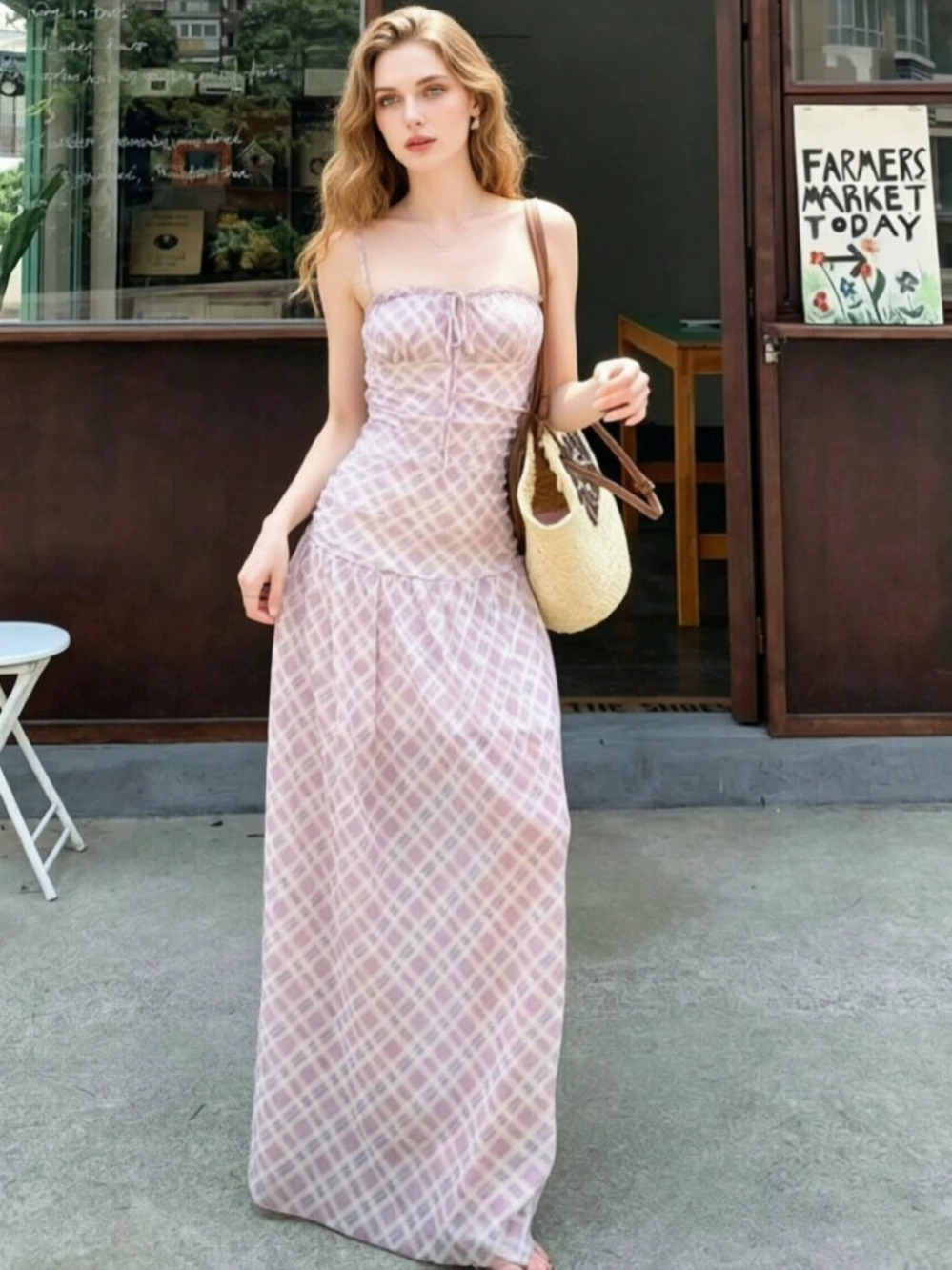 Zara New Summer Backless Plaid Strappy Long Dress